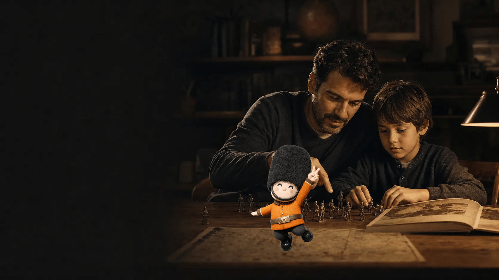 Pai e filho descobrindo a história juntos com livros, mapas e miniaturas