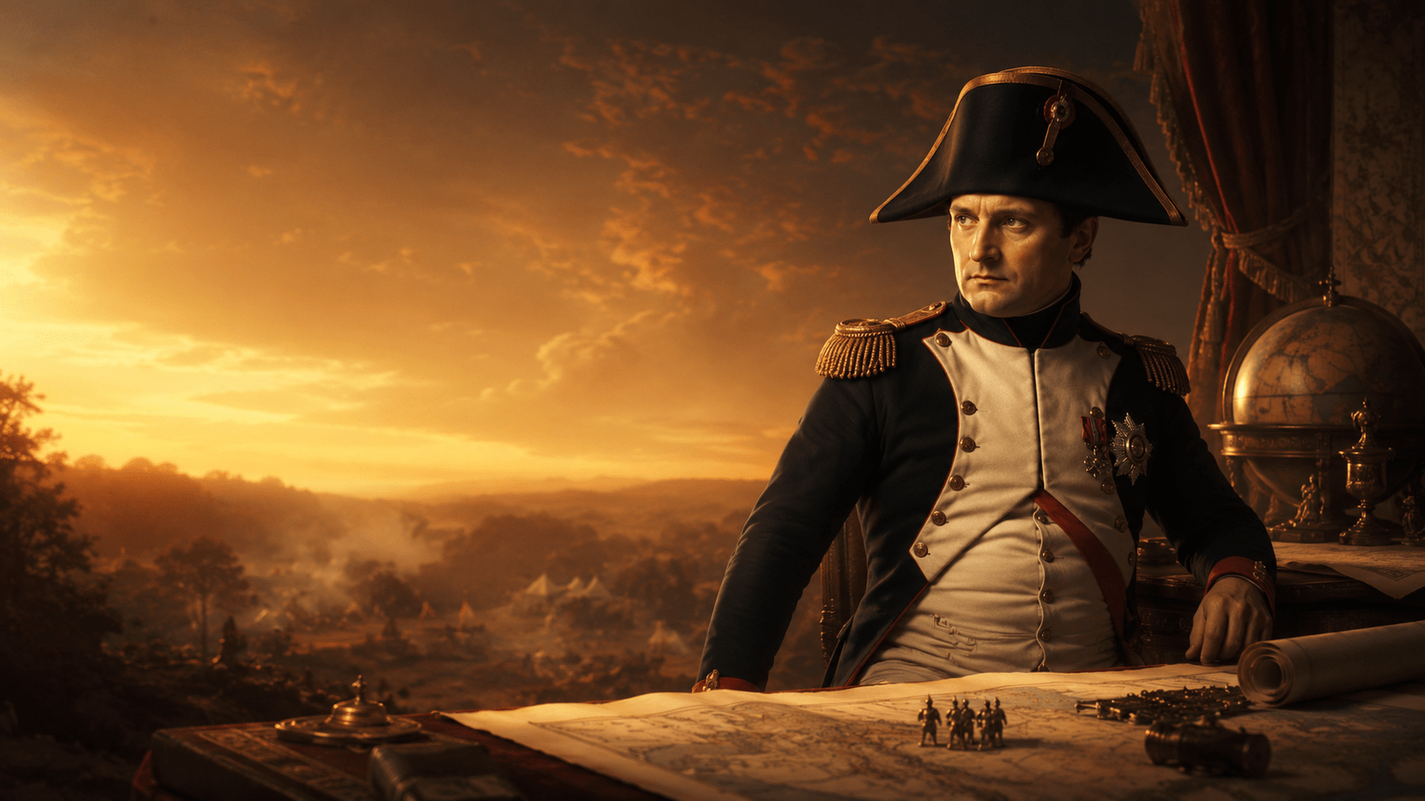 Cena histórica cinematográfica sobre liderança, estratégia e decisões